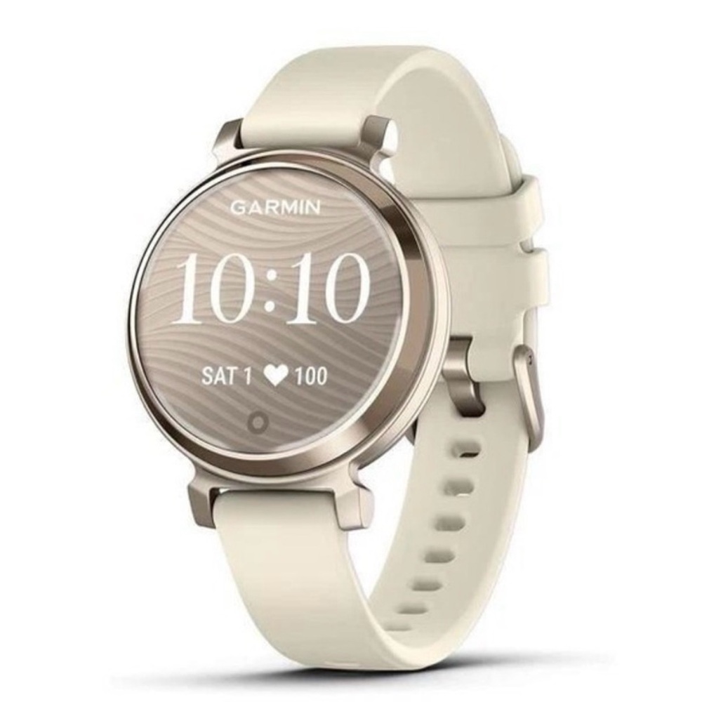 garmin smartwatch in cream with gold-tone bezel